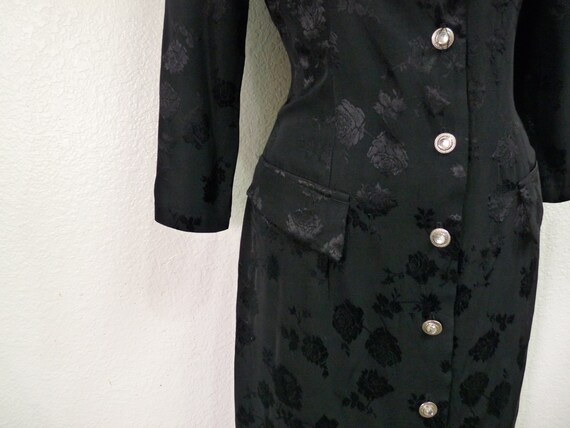 Vintage 1940s Dress Black Brocade Rayon Button fr… - image 4