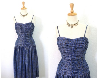 1980's Dress Blue Silver Metallic Spaghetti Strap by Rimini Draped Bond Body Cocktail Prom Dress