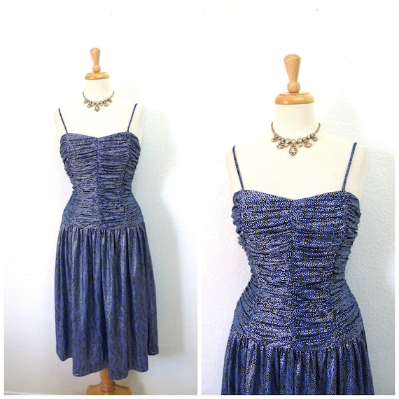 1980's Dress Blue Silver Metallic Spaghetti Strap… - image 1