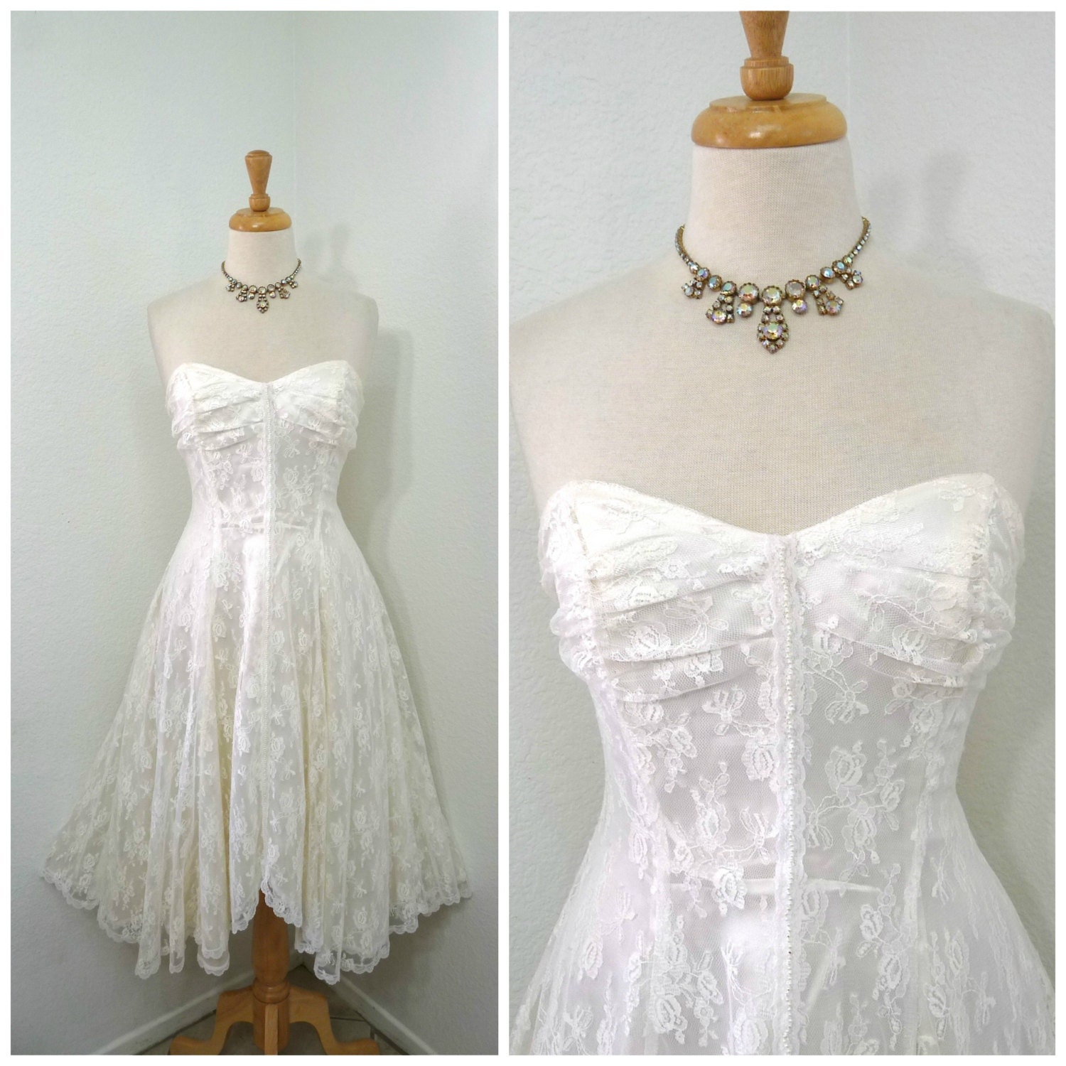 White Lace dress Sweetheart strapless Vintage 80s Floral Lace Etsy
