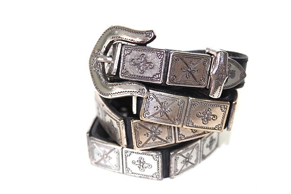 Brighton Leather Belt Silver Links Engraved Studded, Conchos