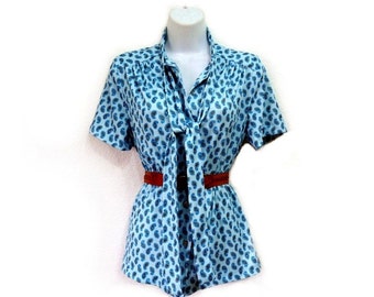 Vintage 1960s Blouse Blue Paisley Print Front Tie Button Down Small Medium