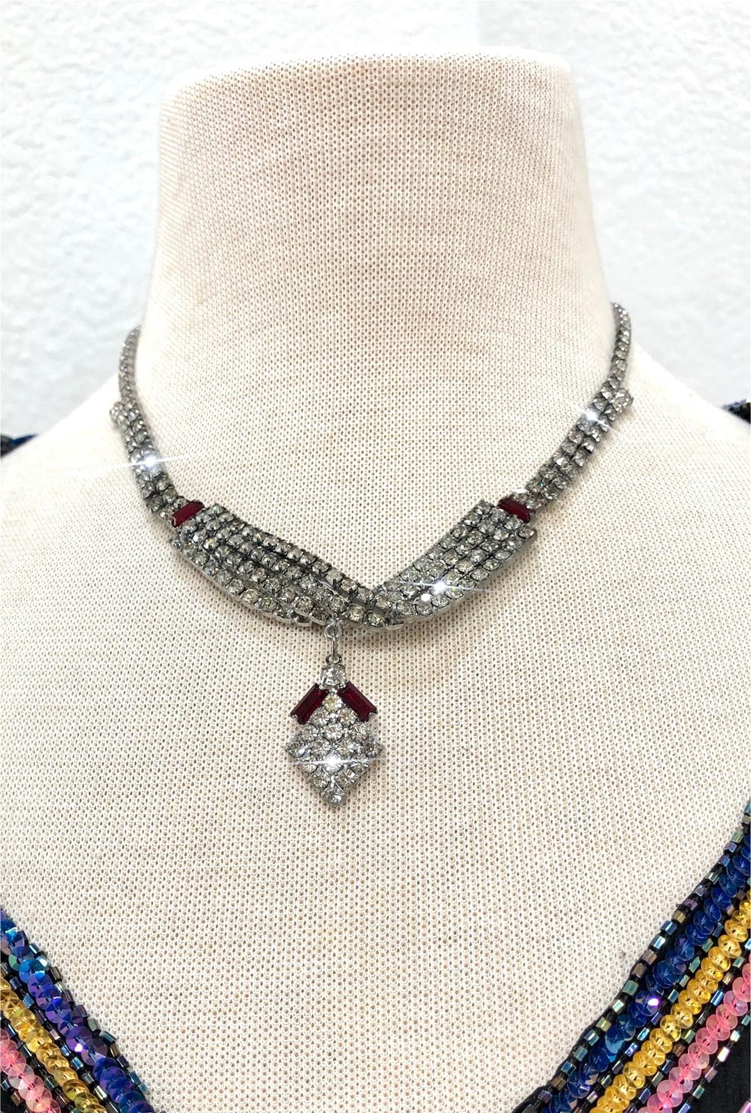 Ruby Riviera Art Deco Necklace and Bracelet Set Silver Crystal Diamond Shape Ruby ...