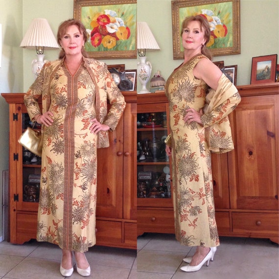 Alfred Shaheen Dress & Top Set Gold Metallic Flor… - image 1