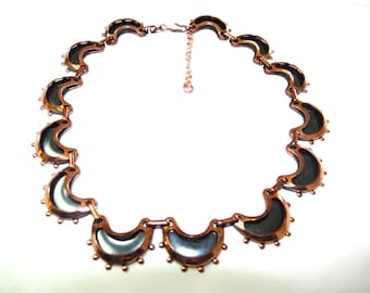 Vintage 1950s Matisse Renoir Necklace & Clip Earrings Set Solid Copper Black Enamel Mid Century Jewelry