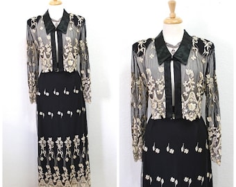 Vintage Black Mesh Blouse & Skirt Set Silk Gold Embroidered by SAM Evening Wedding Party