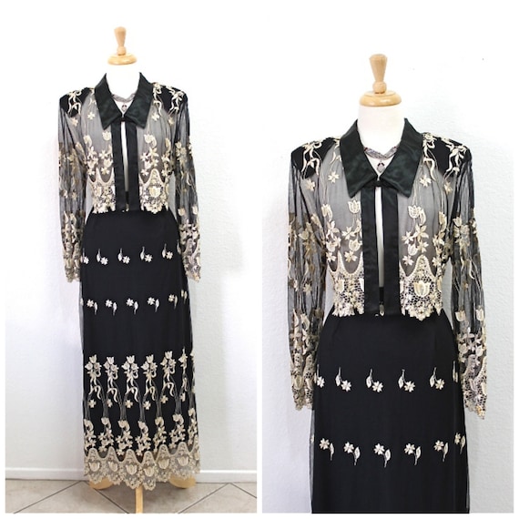 Vintage Black Mesh Blouse & Skirt Set Silk Gold E… - image 1