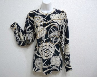 1980s Blouse Sequins Silk Sailboat Baroque Fleur de lis Compass Nautical Buttons up S/ M