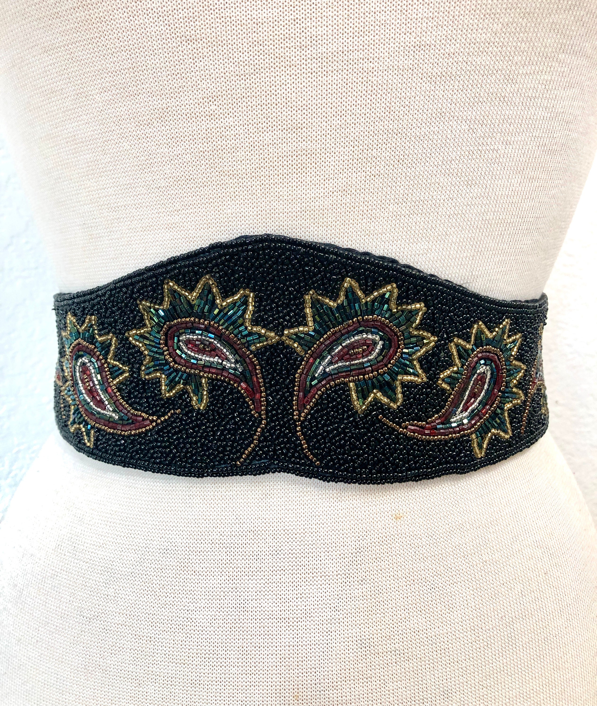 Vintage Black Corset Sash Hand Beaded Golden Paisley Art 