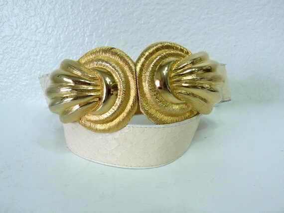 Vintage White Snake Leather Belt Dotty Smith Gold… - image 3