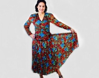 1980s Diane Freis Blouse and Skirt Set Beaded Poinsettia Tassel tie Full pleated Skirt  Evening Party, Event| M/L
