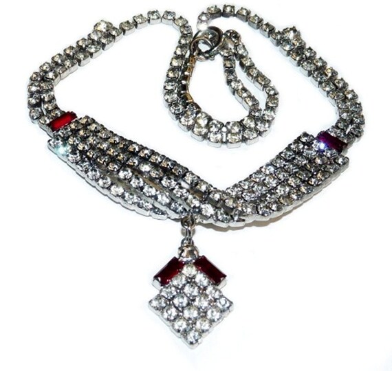 Vintage Necklace and Bracelet Set Crystal and Rub… - image 3
