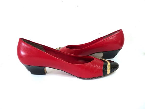 Vintage Pump hill shoes Red Black Gold Leather Co… - image 3