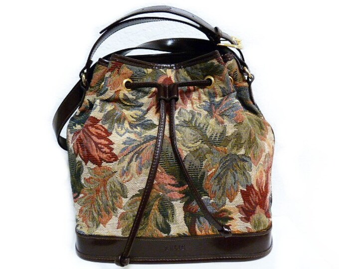 Floral Carpet Bag Vintage Leather Trim Drawstring Shoulder Etsy