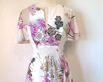 Vintage 1960s Dress Exotic Floral Print Angel Sleeve by I. Magnin Summer Maxi M/L