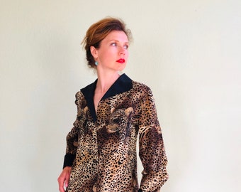 1980s Silk Blouse Leopard Print Lillie Rubin Brown, Black Trim Collar & Cuffs Women Blouse Size 4