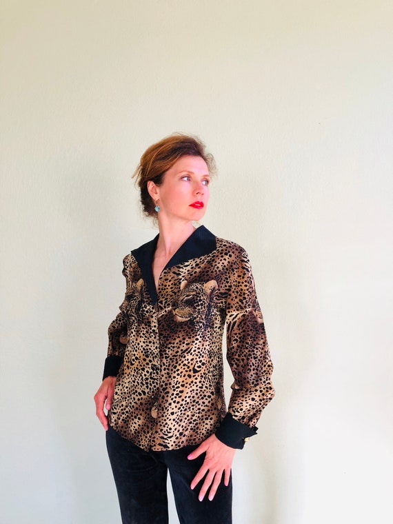 1980s Silk Blouse Leopard Print Lillie Rubin Brown