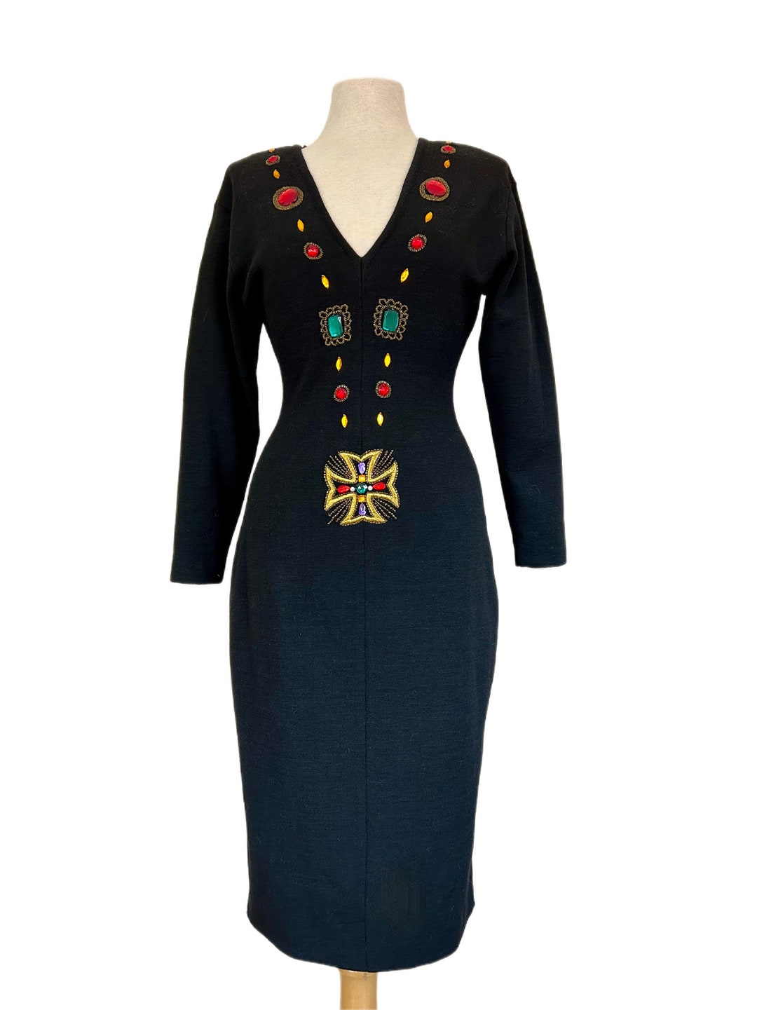 1990s Andrea Jovine Black Wool Knit Bodycon Dress Gem Tone Jewels