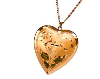 Vintage 1950s Heart Locket 14K Gold Hand Multicolor Engraved Flower Etched Art Deco TK Tru-Kay Locket Necklace