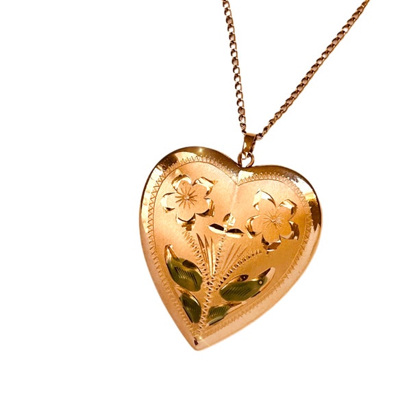 Vintage 1950s Heart Locket 14K Gold Hand Multicolor Engraved Flower Etched Art Deco TK Tru-Kay Large Locket Necklace