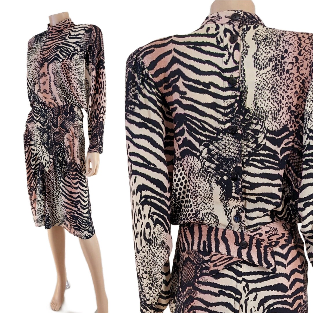 Vintage Tiger Print Dress Mock Neck, Wing Draped Evening Party Small - Etsy