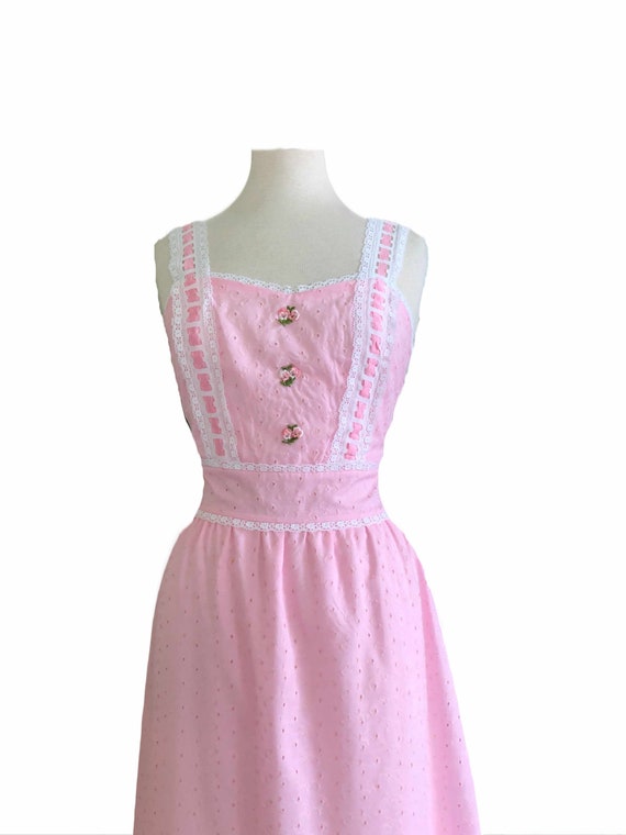 1970s Gunne Sax Maxi Dress Pink Eyelet Embroidered La… - Gem
