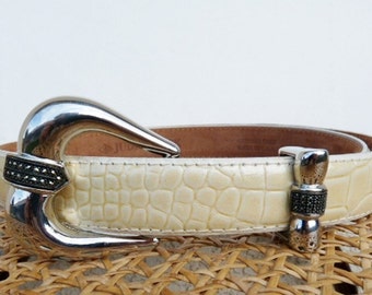 Vintage  Snake Pattern Leather Belt Marcasite Silver Buckle by Judith Jack Women Belt