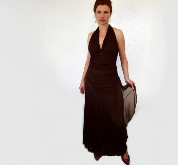 1980s Halter dress Brown Chiffon Claralura Origin… - image 1