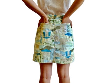 Pantalones cortos de falda de la década de 1960 con bolsillos de puño francés, novedad impresión Skort verano scooter playa vacaciones pequeñas