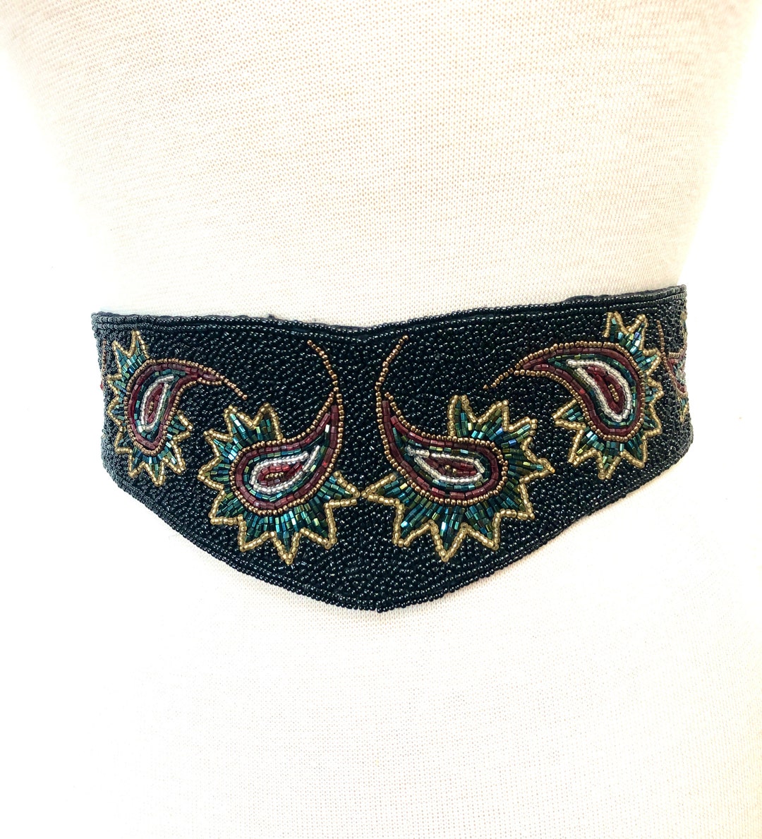 Vintage Black Corset Sash Hand Beaded Golden Paisley Art  display picture 3