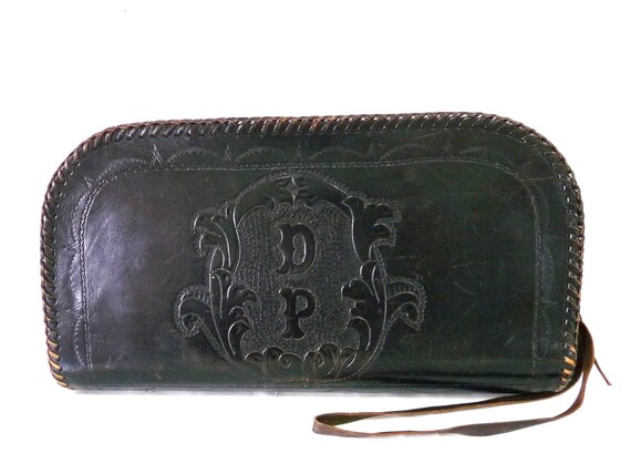 Vintage 1950s Briefcase Hand tooled Wristlet Black