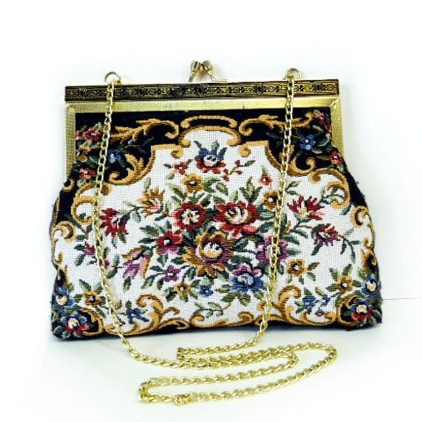 Vintage 1960s Kiiss Lock Tapestry Clutch Floral  Gold Chain Handbag Purse