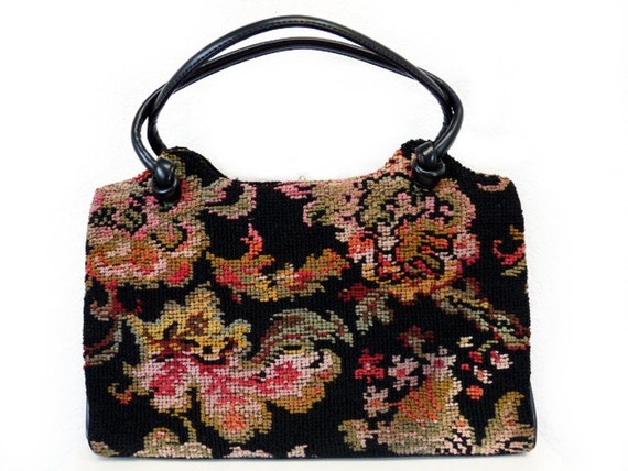 Vintage 50s Needlepoint bag Carpet bag Tapestry Bl