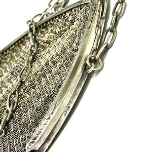 Antique 1800s Silver Mesh Chatelaine Purse Alpacca Engraved German Chain Kiss Clasp Purse Handbag image 3