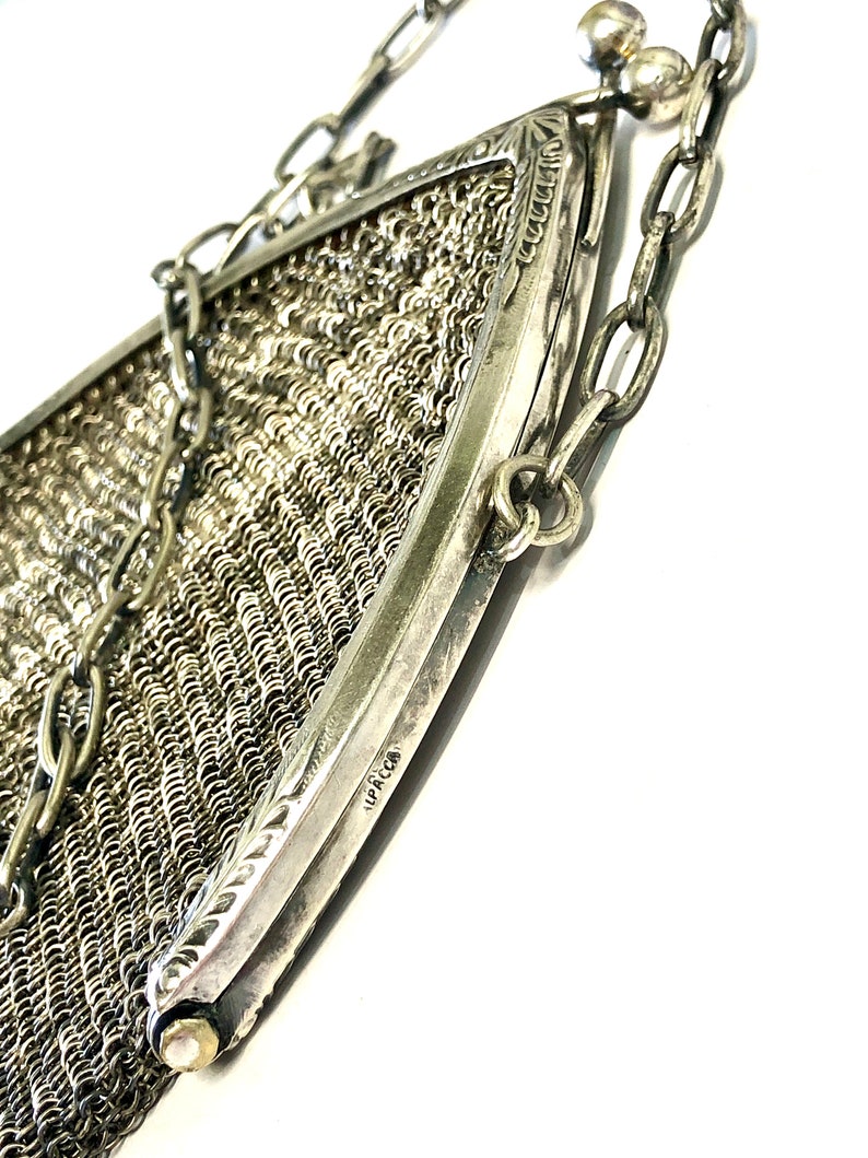 Antique 1800s Silver Mesh Chatelaine Purse Alpacca Engraved German Chain Kiss Clasp Purse Handbag image 3