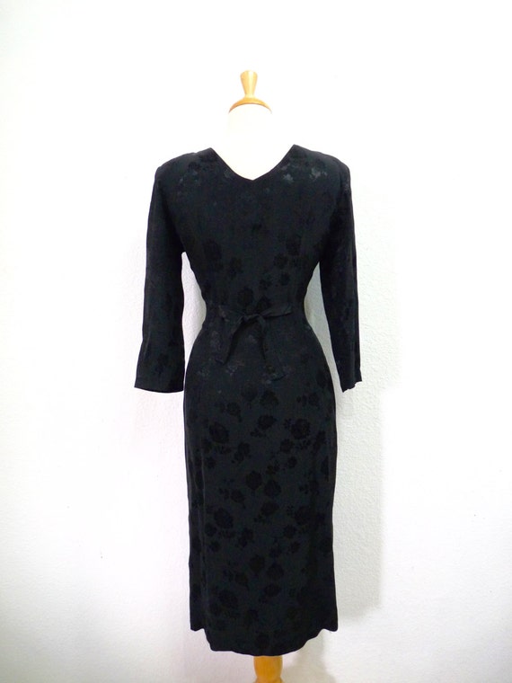 Vintage 1940s Dress Black Brocade Rayon Button fr… - image 5