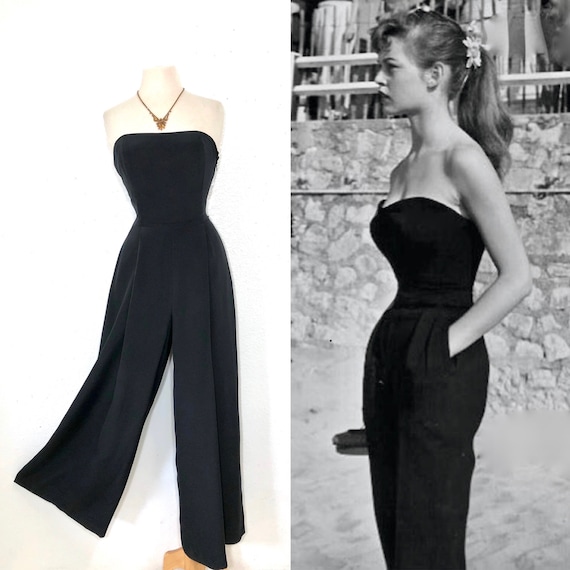 1980s Jumpsuit Strapless Black Silk Bond Body Pala