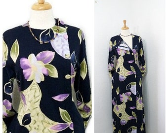 1960s Dress Waltah Clarke's Beverly Hills, Exotic Floral Print with Pockets Cotton Maxi Dress Size Medium / Large