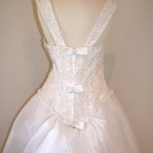 Romantic 1950's Suzy Perette Wedding dress, White Lace Corset Bust Pearl Beaded Bow Back Princess seam with Veil image 4
