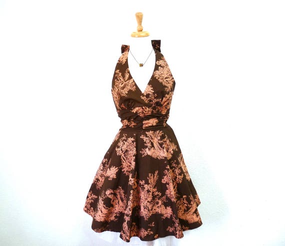 Vintage 1980s Cotton Dress Toile Halter Full skirt