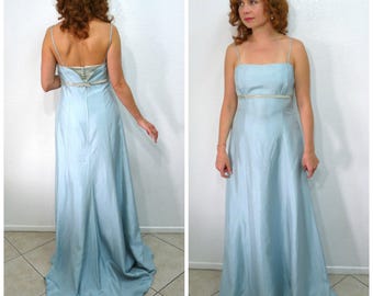 Exquisite 1960s gown Pastel Blue Spaghetti strap Floor-length Bow and Buttons back Alfred Angelo Wedding, Formal Gown
