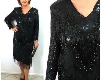 Black Sequins Beaded Dress Fringed Holiday Party Dress Size Medium