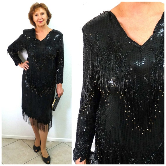 Vintage Fringe Dress Black Beaded Sequined Silk Fl