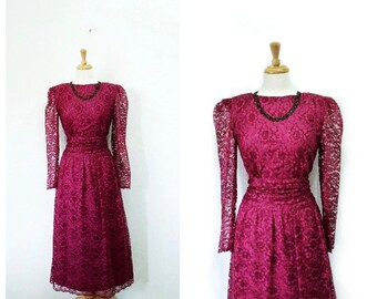 Vintage 1960s Miss Elliette Burgundy Lace Cocktail Party Dress | Small