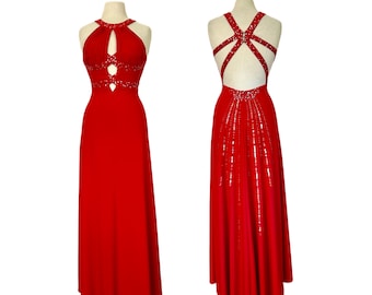 1990s Red Halter Gown Sequin Open Back Mermaid Dress Prom Evening Party XS/S