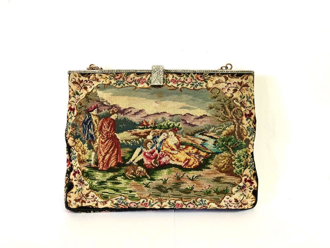 Antique Art Deco Needlepoint Purse Micro Stitched With Marcasite French