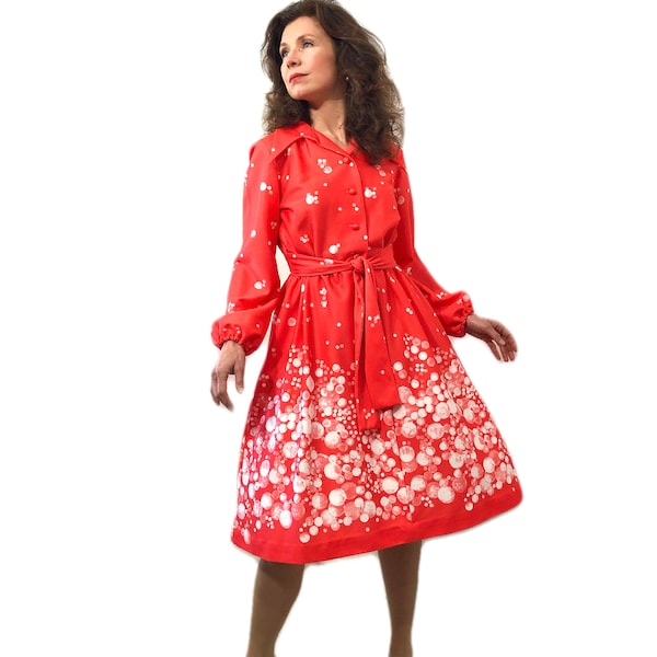 robe vintage des années 1970, imprimé pissenlit rouge corail Lorac Original | Robe de soirée Taille Moyenne