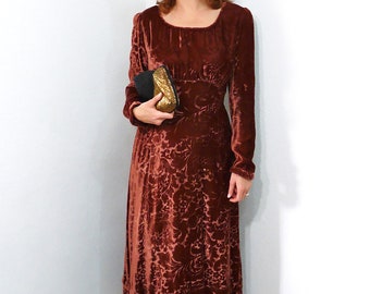 Fabulous 1940s Dress Maroon Burnout Velvet Evening Gown Size Small