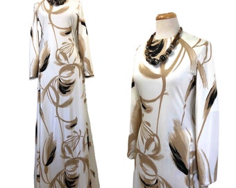 1960s Dress Saks Fifth Avenue Parnes Feinstein Exotic Floral Print Long Sleeve Glam Holiday Party Maxi Gown