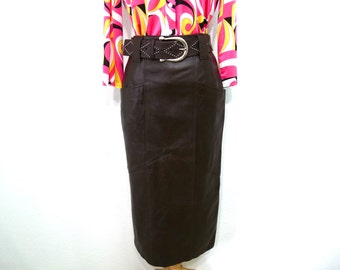 Leather Skirt vintage 80s High Waist with Pockets Genuine Leather EREZ Maxi Women Size 8